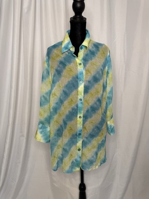 Vintage Easy Spirit Plus Size 1X 100% Silk Sheer Blouse Blue Green Boho Beach