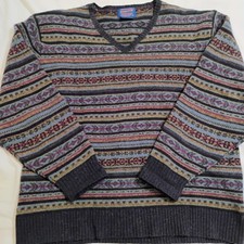 Pendleton Lambs Wool Sweater Vintage Navy Snow Aztec Pattern Large