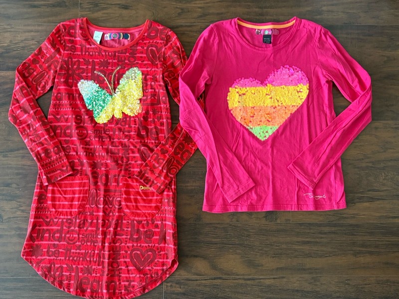 Desigual Girls Dress And T-Shirt Sz 13/14 Butterfly And Heart Sparkles