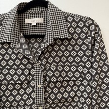 LOFT Long Sleeve Button Front Dress M Geo Print Gray Ivory Office Chic