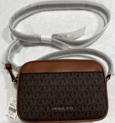 Michael Kors Jet Set Small Camera Crossbody Bag Brown Logo Zip Gold Hardware