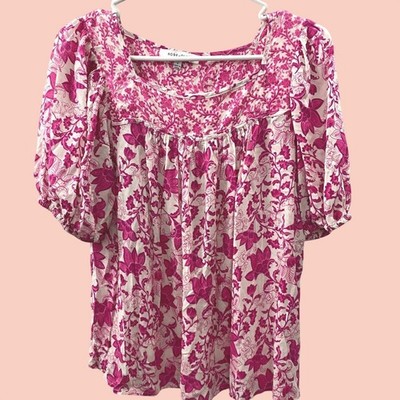 Rose + Olive Floral Blouse Women S Pink White Boho Puff Sleeve Rayon Top 0662