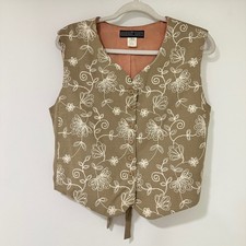 Herman Geist Vintage Floral Embroidered Vest Womens Large Tan Button Up Lined
