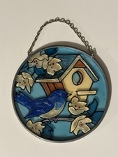 Vintage Stained Glass Sun Catcher Window Hanging Art Blue Jay Bird house Flowers