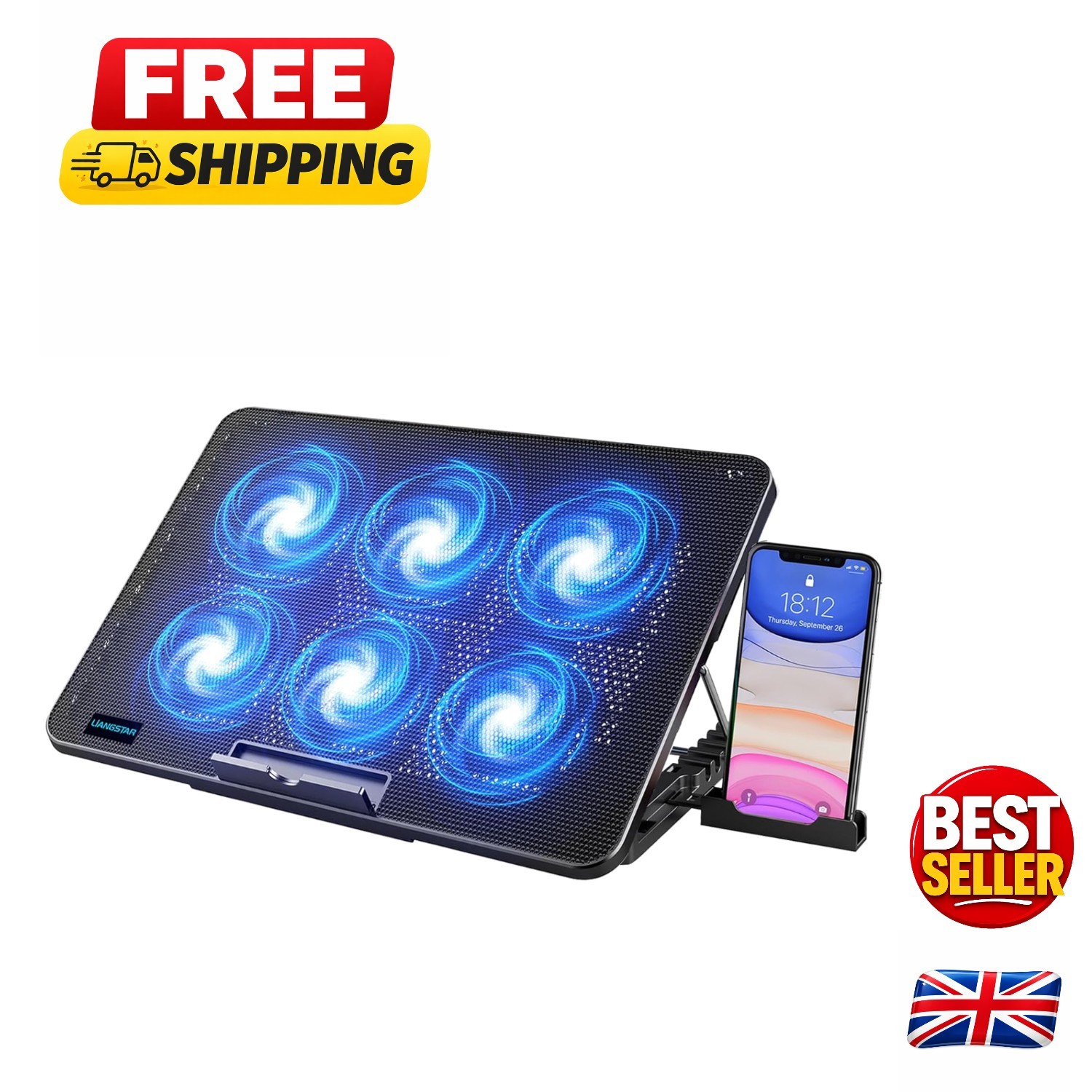 Ergonomic Cooling Pad for Laptops Up to 17 Inches with 6 Fans & Phone Stand