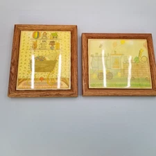 VTG Pair Susan Gantner Kimberly Enterprises Framed Tiles Elephant Bassinet Train
