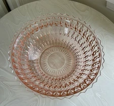 Jeanette 1940s Pink  Glass Holiday Buttons & Bows 8” Console Bowl / Centerpiece