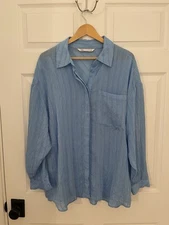 Zara Womens XL Blue Striped Collared Semi Sheer  Coastal Shirt Excellent