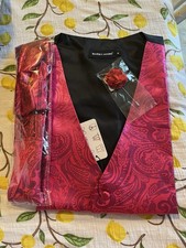 New Barry Wang Medium Men’s Vest Tie Cummerbund Metallic Fuschia Prom Derby