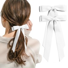 2 Pcs Satin Hair Bows for Women, Big Long Tail Bow Hair Clips, White