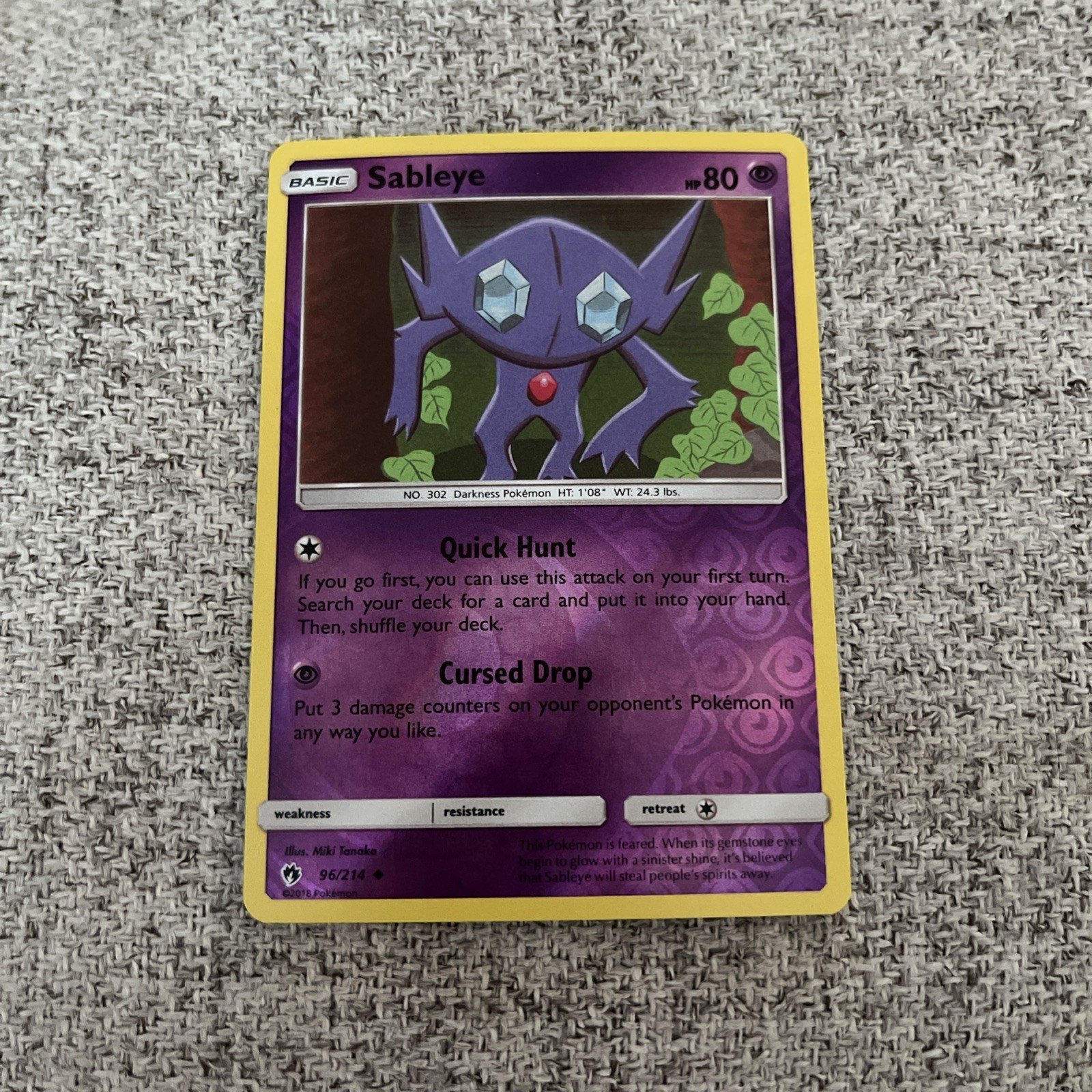 Pokemon Sableye Reverse Holo Uncommon Card Lost Thunder 96/214