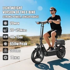 2025 Electric Scooter with Seat 14" Tire 48V 15AH 25MPH 32Miles 650W Peak Motor