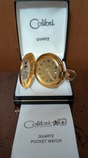 Vintage Colibri Gold Hunter Pocket Watch Date Window Champagne Dial NOS Full Box