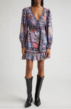 NWT $220 FARM Rio Wild Night Floral Print Long Sleeve Minidress, LAVENDER, XXS!