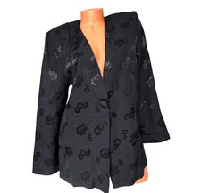 Signet Sportswear Jacket Sz S Black w Satin Flowers Allover Lg Slv - MADE IN USA