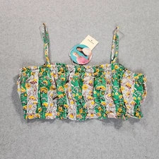 RHODE Green Floral Crop Bra Tank Top Size M Ruffle Adjustable Strap Cotton New