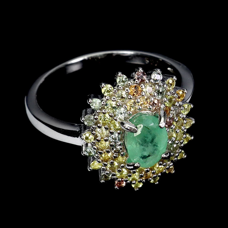 Anillo de plata de ley 925 ovalado esmeralda 7x5 mm zafiro piedras preciosas joyería tamaño 8 Foto 3 de 4