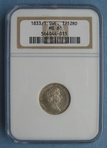 1833/1 Sweden 1/12 Riksdaler Specie - NGC Graded MS 61 overdate Carl XIV