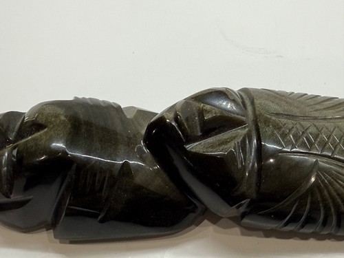 Lot of 2 Mayan Aztec Carved Obsidian Black Lava Stone Gold Sheen Satues - Picture 20 of 22