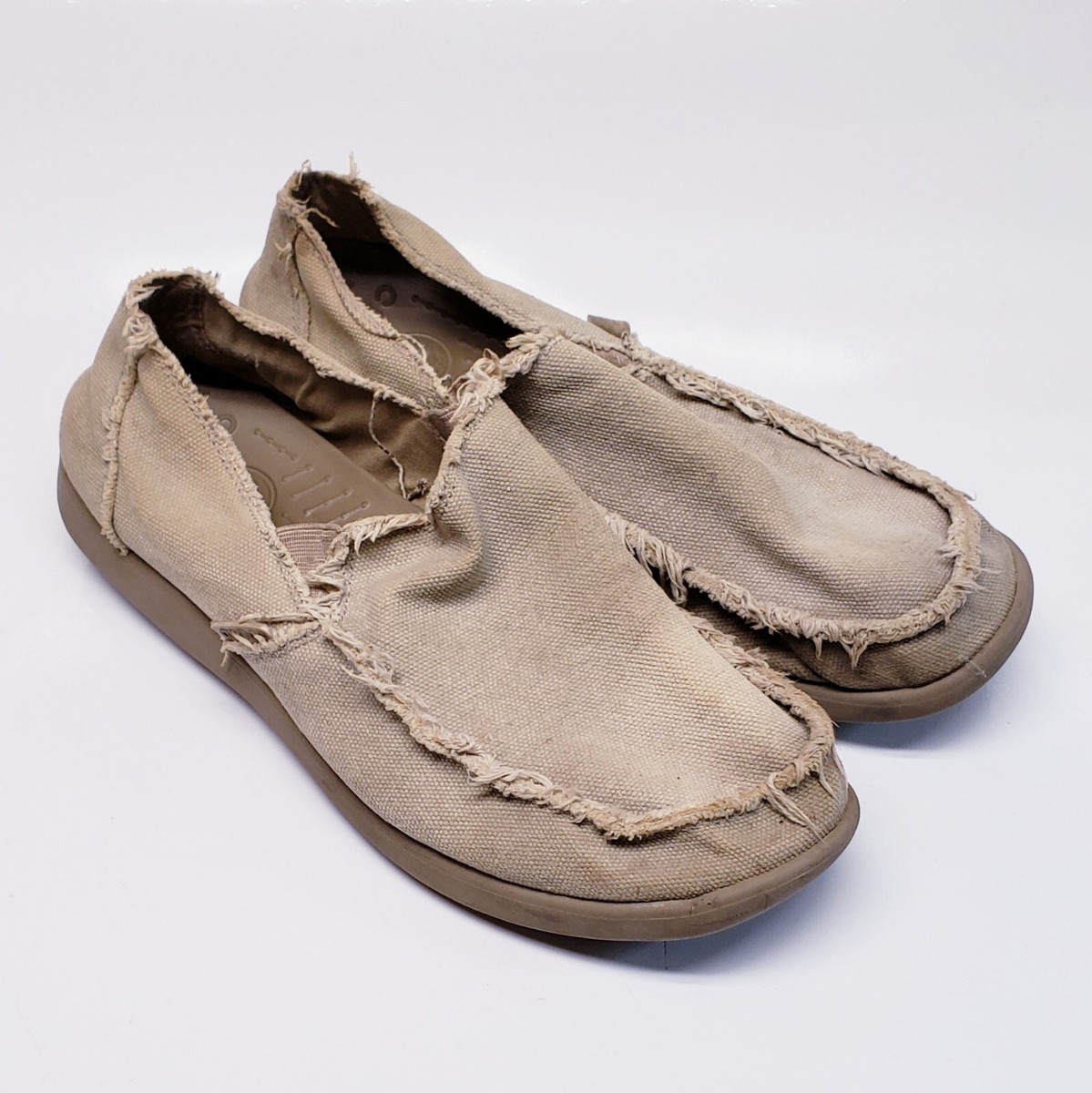 Crocs Men’s Santa Cruz Tan Canvas SlipOn Moc Toe Loafers Shoes SZ 13-Frayed  Look