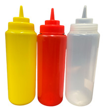 Set of 3 Widemouth Sauce Bottle 32oz Clear/Red/Yellow, Mayo/Ketchup/Mustard