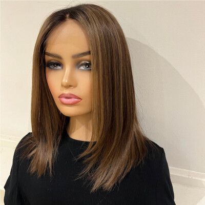 100% Human Hair Lace Front Wigs Ombre Highlight Brown 4x4 Lace Front Wig