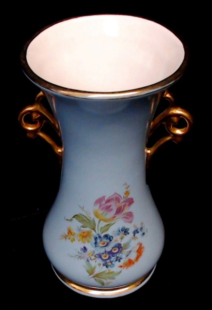 ABINGDON USA POTTERY 534 BLUE ART DECO VASE MULTI-COLOR FLORAL GOLD