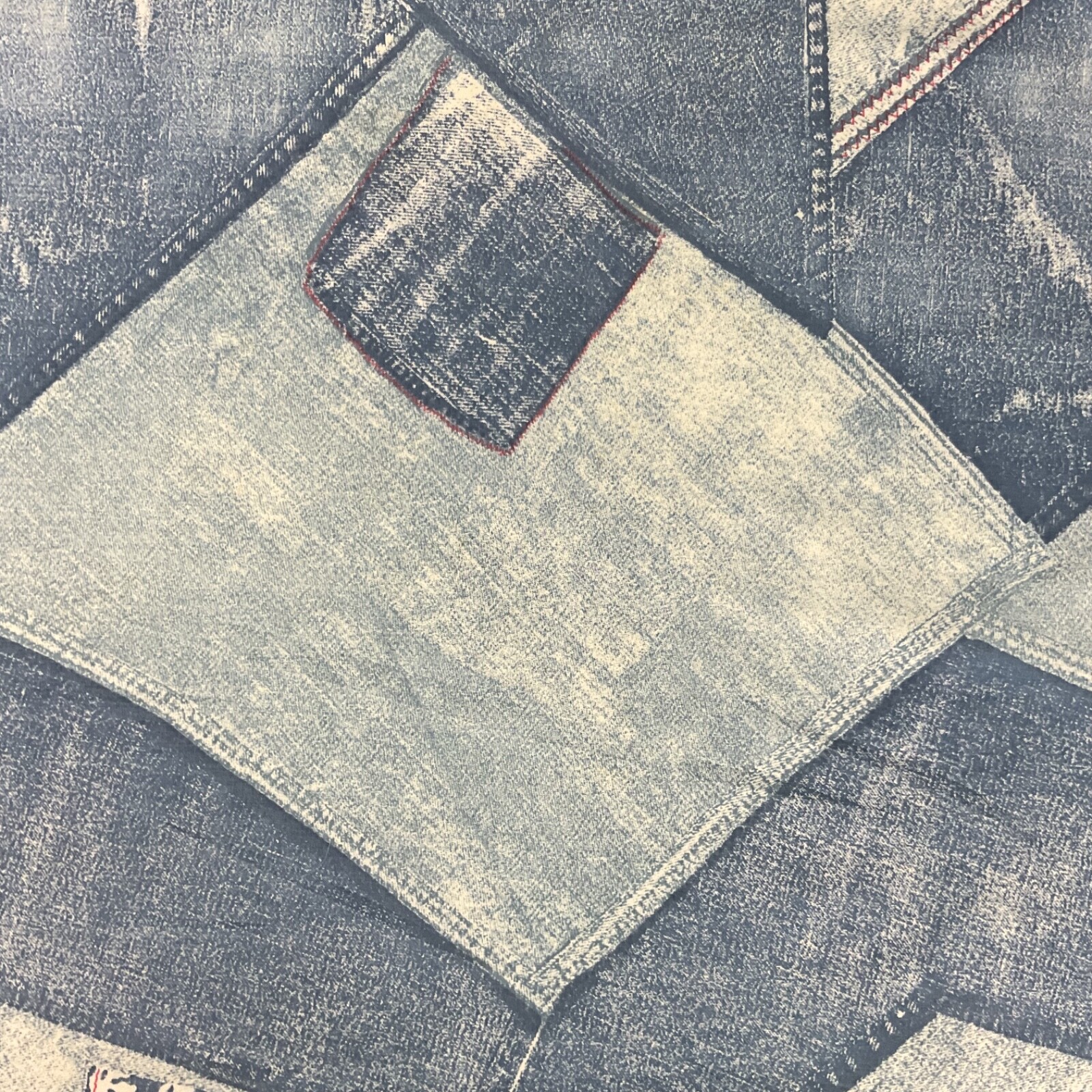 Reclaimed vintage patchwork print faux denim fabric 85” x 48” flaws cotton blend