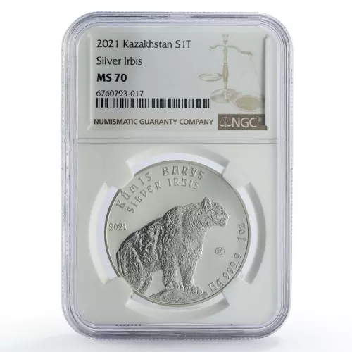 Kazakhstan 1 tenge Irbis Snow Leopard Investment MS70 NGC silver coin 2021