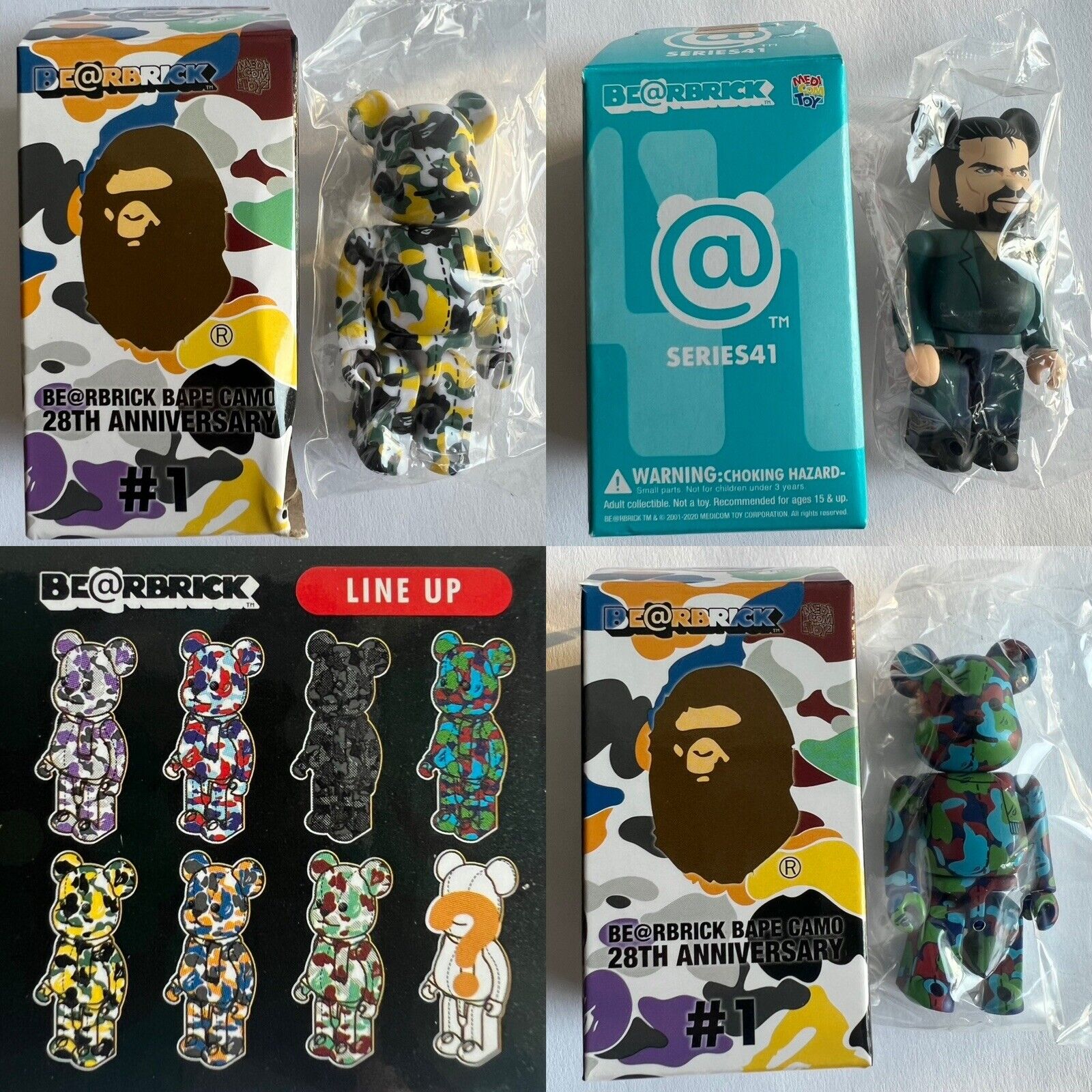 Lot of 3 A Bathing Ape 100% Be@rbrick Bape Camo 28th Anniversary #1  Bearbrick