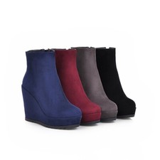 Women Punk Ankle Boots Round Toe Platform Shoes Hidden Wedge Heels Side Zipper