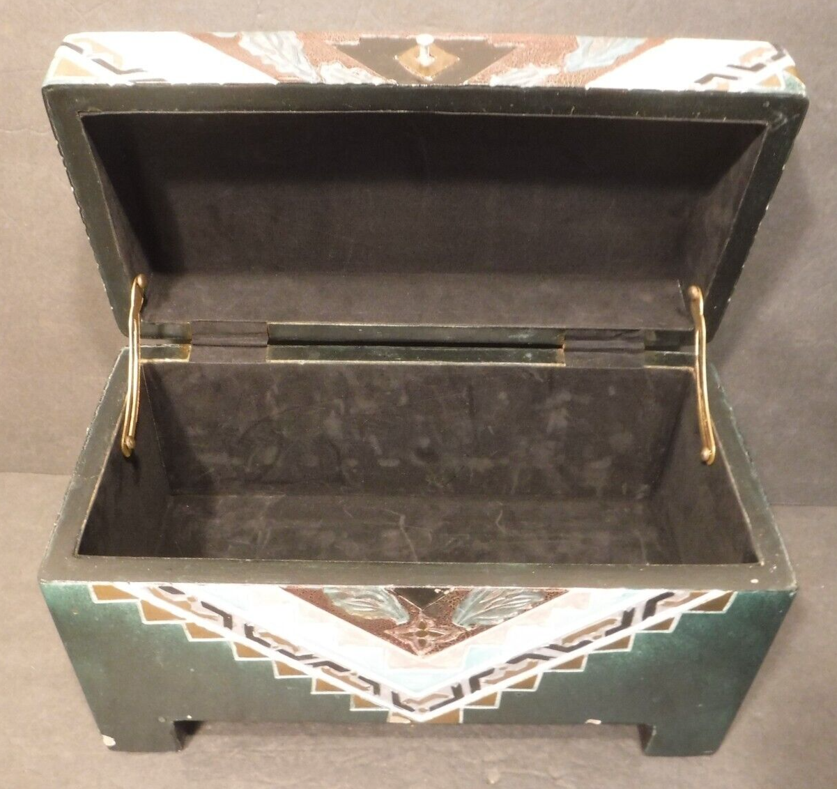 Vintage Flip Top Wooden Storage Box Carved & Painted Design Wood Box