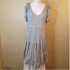 Max Studio M/L dress women maxi long scoop ruffle stripe stretch elastic waist