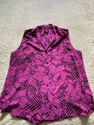 Worthington Women Geometric Sleeveless Button-Up Shirt Purple Black Size XL