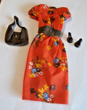 Vintage 1976 Barbie Best Buy #9573 abito floreale arancione, muli marroni e borsa EXC