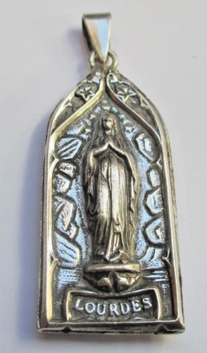 Antique Silver Double Sided Altar Pendant Virgin Mary Lourdes Vintage Jewelry 13