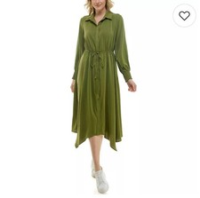 Nicole Miller Tie Waist Shirt Dress Size 6 Olive Green Long Sleeve Flowy Modest
