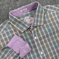 Bugatchi Button Up Shirt Large Multi Color Plaid Shaped Fit Flit Cuff Men's