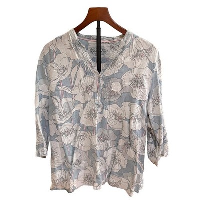 Marks & Spencer Linen Love Floral Natural Fiber Blue Pink 3/4 Sleeve Top 16