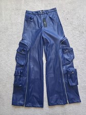 Fashion Nova Women's Blue Faux Leather Cargo Pants Wide-Leg Zipper Pockets