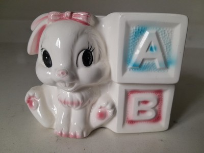 Vintage 1950s Anthropomorphic Baby Bunny Ceramic Planter Nursery Letter Blocks