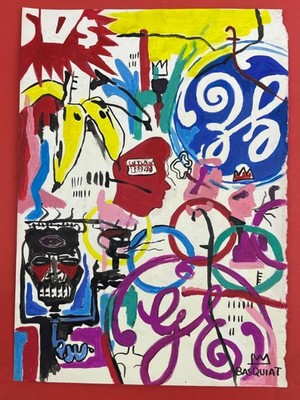 Jean-Michel Basquiat (Handmade) Drawing mixed media on paper signed & stamped