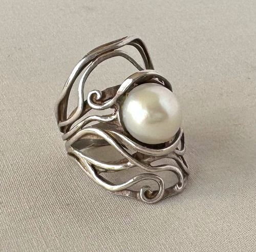 Didae Israel Sterlingsilber & Perle offenes Design Cocktail Ring Größe 6,5; A555 - Bild 5 von 6