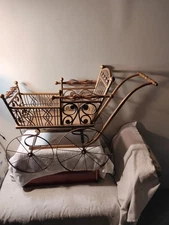 FANCY Vtg Wicker Wood Victorian Doll Buggy Doweled FAB Cond w Metal Wheels LOOK!