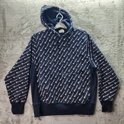 Champion Men s Large Navy Reverse Weave Hoodie All Over Logo Print Pullover