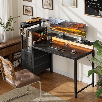 Gaming Desk with Led Lights & Outlets, Computer Game Desk with Drawers & Stand