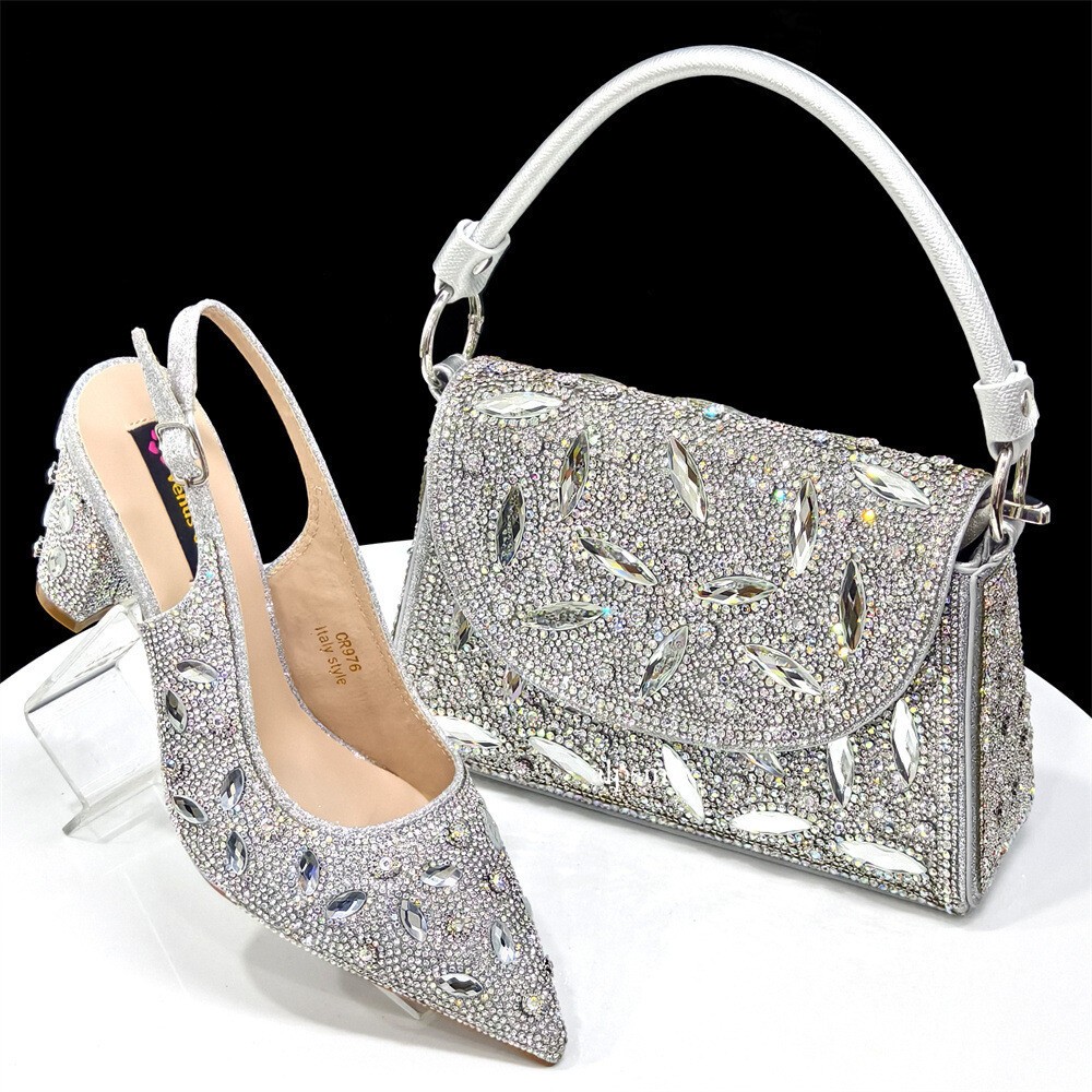 Womens Shoe and Bag Set Pointed Toes Thick High Heels Rhinestone Handbag Set