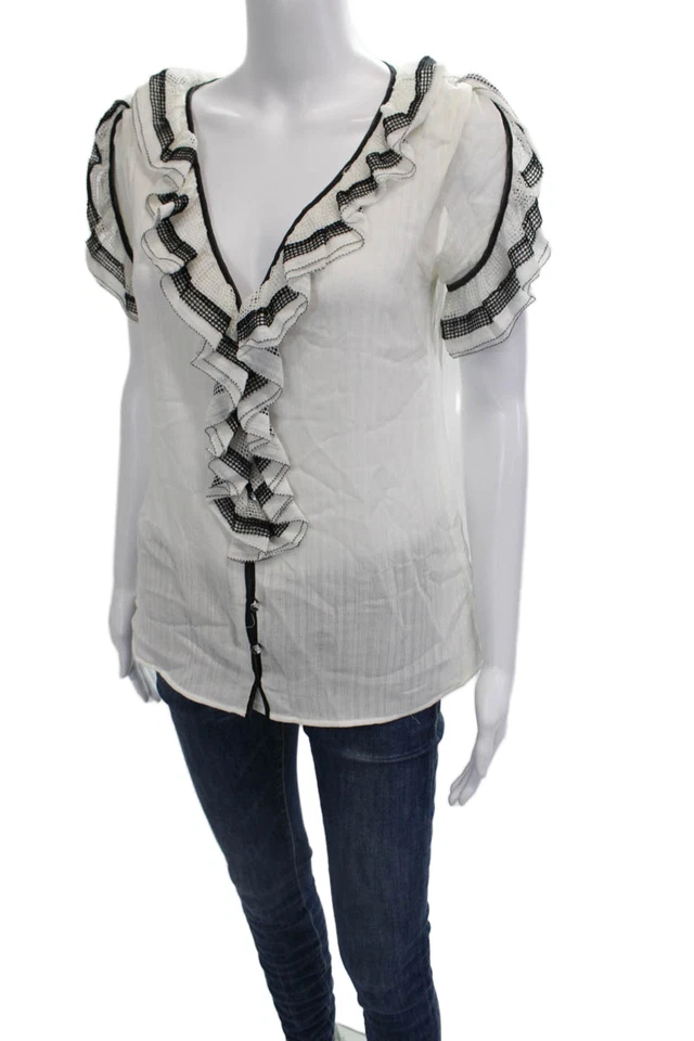 Женская белая хлопковая блузка с v-образным вырезом на пуговицах с коротким рукавом Zac Posen размер 6 - Изображение 2 из 4