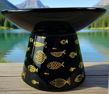 Cat Food Raised Bowl Extra Large Elevated Black  Gold Fish Images NEW
