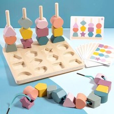 Montessori Bead Sequencing Toy Set, Threading Blocks, Preschool Learning, Wooden